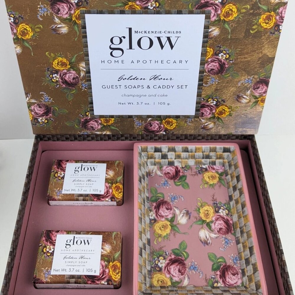 MacKenzie-Childs GLOW Golden Hour GUEST SOAPS & CADDY SET Champagne and Cake NEW